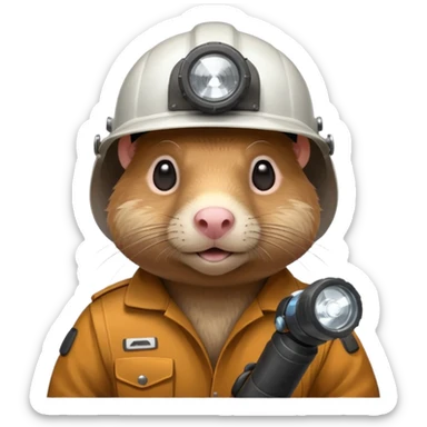 a mole rat with ore drill, white helmet, headlamp sticker