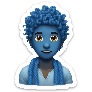 blue skin boy with curly hair tangled in blue yarn sticker
