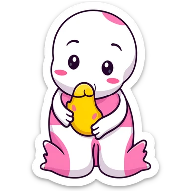 kissing emoji with a yellow bone in its mouth, bone has a pink tip sticker