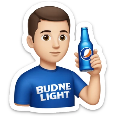 white guy, brunette crew cut hair, holding bud light  sticker