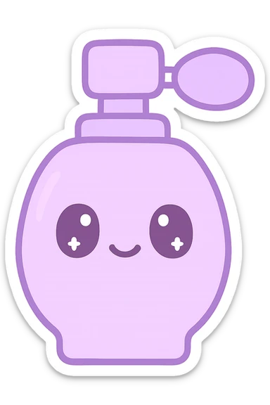 purple perfume bottle, soft pastel colors, cute and rounded, kawaii style sticker
