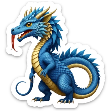 Mušḫuššu, ancient Mesopotamian hybrid, blue scaled body, lion mane, lion forelegs, eagle hind legs, long neck, horned dragon head, lizard tail, snake tongue, no wings, divine, terrifying sticker