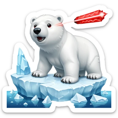 Create a polar bar shooting red lasers out of its eyes on an iceberg with text on the bottom saying “BYE BYE POLAR BEARS” sticker