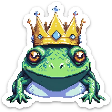pixel art crowned frog close-up face with crown sticker