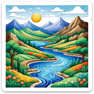 Mosaic art icon, colorful tiles forming a detailed picture, like a landscape, intricate patterns, some tiles in process of placement, minimalistic style, clean lines, transparent background. sticker