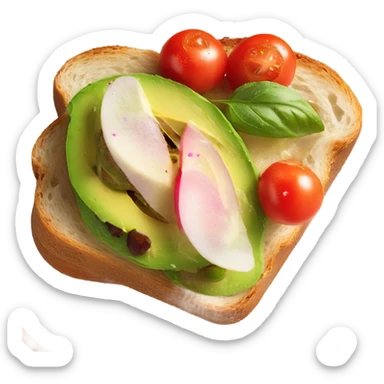 An avocado toast on long slide of bread with cherry tomatoes and radish on top  sticker