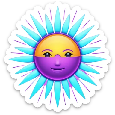 Futuristic glowing sun, neon rays, bright holographic purple and cyan glow, dark background, digital tech style sticker