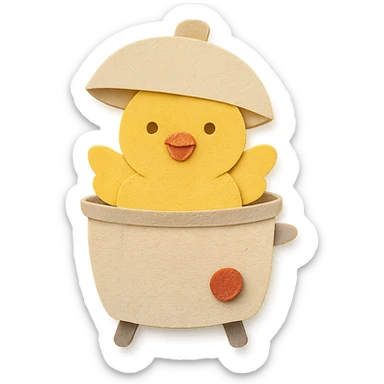 soft yellow egg cooker chick, popping out of the lid, smiling brightly, full-body sticker