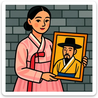 a young woman in a pale pink, sheer hanbok holding a traditional Korean portrait in front of a grey stone wall, vibrant toon style sticker