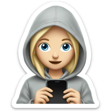 A blond girl with blue eyes that is wearing a grey hoodie and has a phone sticker