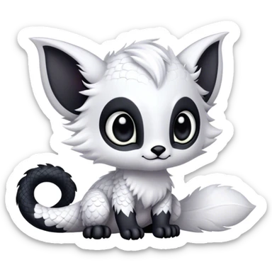 Fantasy-fantasy creature, black ears, no Scapha, black long scaly tail, big eyes, black eyes, white fur, black claws, cute, adorable sticker