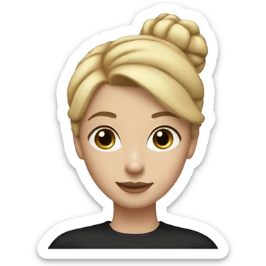 a woman with freckles, blue eyes, light skin, blonde straight hair with a bun. black shirt. sticker
