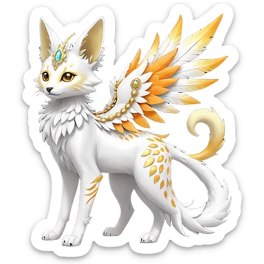 Epic complex fantasy glorious detailed futuristic divine godly angelic feathery sunny, white, albino, pastel, golden, orange glowing sparkly, realistic Fakémon-Sprigatito-Floragato-Meowscarada-Trico-Sergal-Serval-Solgaleo-Vernid-creature (full body) solarpunk, shiny sparkly, iridescent sticker