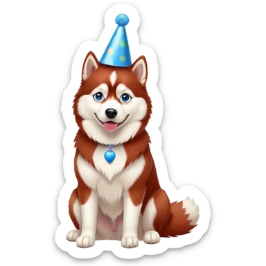 red siberian husky with blue eyes, sitting, wearing a party hat sticker