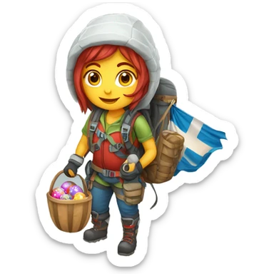 Female winter mountain climber red loose hair climbing with Greek flag on backpack and holding Easter eggs basket sticker