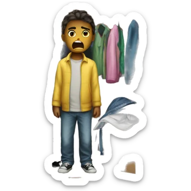 the child is angry and there is a closet with clothes next to him sticker