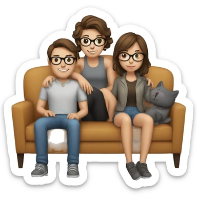 a couple, girl brown hair, glasses, man brown air and 2 cats in a gray couch sticker