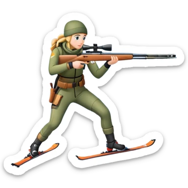 An icon showing a snowy landscape with pine trees, mountains, and a clear sky with a biathlete aiming a rifle in the foreground, wearing winter gear and skis. Transparent background emphasizes the precision, endurance, and beauty of this winter sport. sticker