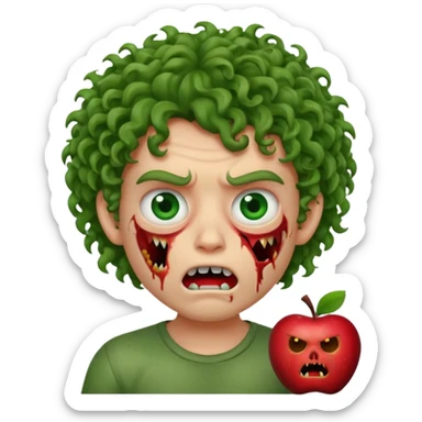 Zombie apple Memoji curly hair boy with growling face with one open and stich under eye  sticker