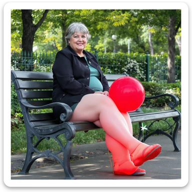 realistic portrait of a 50-year-old woman sitting on a park bench, legs swollen like overfilled balloons, red balloon tied to her ankle, balloon identical in shape and size to her legs, vertical photo, natural park background sticker