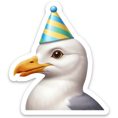 A seagull with a party hat, only the head zoomed in sticker