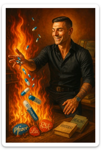 "Enlightened man throwing antidepressant pills into fireplace, flames consuming what he sees as chemical poison, expression of liberation from psychiatric medication, Big Pharma logos melting in the fire, natural healing books spread on table behind him, pharmaceutical slavery being broken through pill destruction, mental clarity returning as drugs burn" sticker