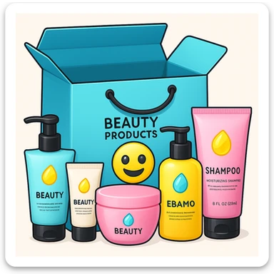 Gift bag with beauty products (shampoo, creams, styling products), a gift bag is beautyful open box with luxury brand-labeled beauty products standing nearby, emoji style, blue bag sticker