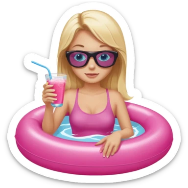 woman with blonde hair and blue eyes sitting in pink pool tube in a pool sipping a drink sticker
