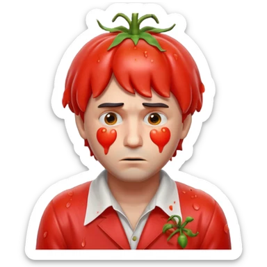 tragic stage performer portrait, head and shoulders only, tomatoes thrown at him, sad embarrassed face, messy costume, cinematic lighting, 3D cartoon, mobile game icon style, clean background, no text, no watermark
 sticker