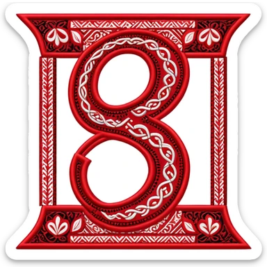 Stylized ruble sign (₽) with Udmurt traditional embroidery patterns, ethnic geometric decoration, red black and white colors sticker