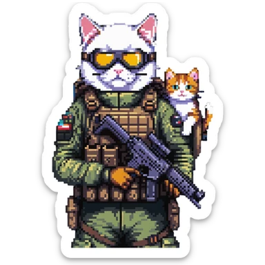 Simple pixel art of man with goggles in tactical gear holding gun and cat sticker