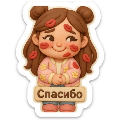 Create a 3D chibi fondant cake art style sticker of a girl based on the reference image. Preserve facial features and eye shape exactly as in the reference. She has long brown hair styled in two space buns, brown eyes, and shoes matching the reference. The girl is standing, blushing all over from embarrassment, covered in kiss marks, with a sweet, kind, and bashful smile, looking genuinely touched. Add a thick white outline like a sticker and a transparent background. At the bottom of the sticker, include a sign that says 'Спасибо'. Ensure the face, hairstyle, eye shape, and shoes match the reference exactly. sticker