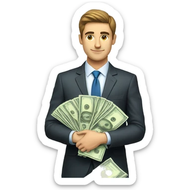 finance bro in suit holding money.  European ethnicity sticker