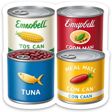 Four different canned food items in a row, soup can, beans can, corn can, tuna can sticker