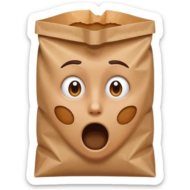 iOS emoji style, face with panic expression, breathing into a brown paper bag sticker