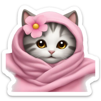 kitten in pink soft blanket with a pink flower clip on head sticker