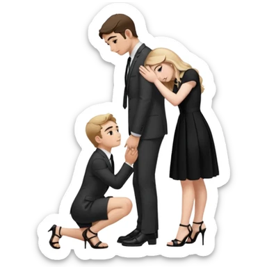  Sabrina carpenter kneeling down wearing a black dress with a tie with black heel sandals, putting her hand on man’s leg who is standing  sticker