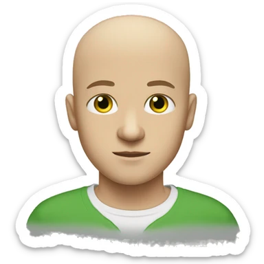 bald young guy with white eyebrows, green eyes and in a t-shirt sticker