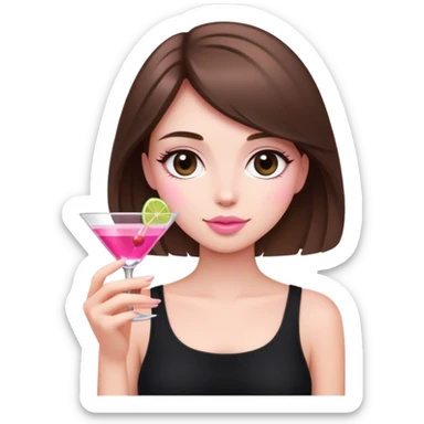 light brunette short hair girl black top holding a pink cosmo sticker