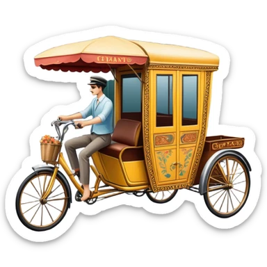 Cyclo rickshaw – Cinematic Realistic Cyclo Rickshaw, depicted as a charming, ornately painted three-wheeled cycle taxi with vintage detailing, set on bustling city streets under dynamic urban lighting that evokes cultural heritage and nostalgic charm. sticker
