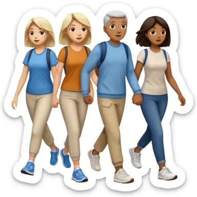 iOS emoji style - a men and 2 women in casual clothes and wearing trainers. Walking in the same direction quickly together. 
Not holding hands. 
 sticker
