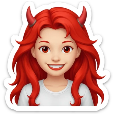 a long-haired red devil girl with shirt sticker