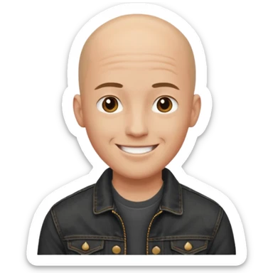  a young man with bald head, black jeans jacket, plain forehead sticker
