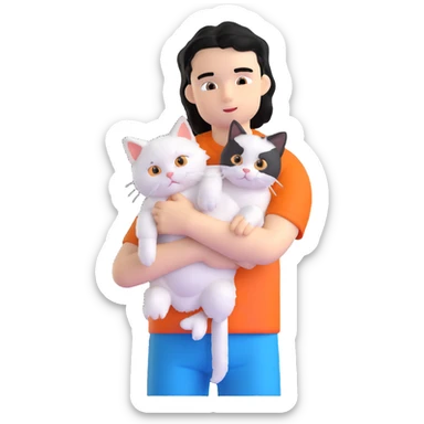 teenage boy with black hair wearing blue short sleeve shirt holding a white ragdoll cat sticker