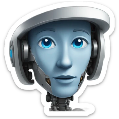 a humanoid robot with blue eyes that has oppenheimer's hat sticker