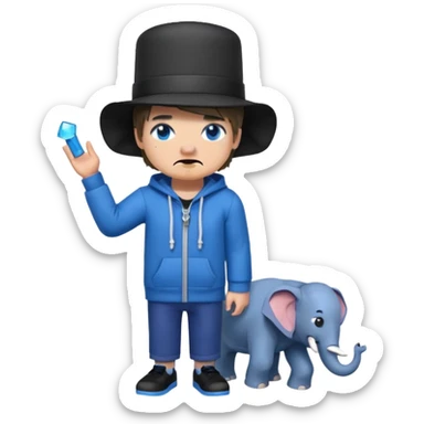 Minecraft character with a top hat And a hoodie That is blue And has a elephant And short hair And A eye patch That is white And black shoes And  Dot eyes  That are  Dark blue And a mouth Drooling And the skin mixed sticker