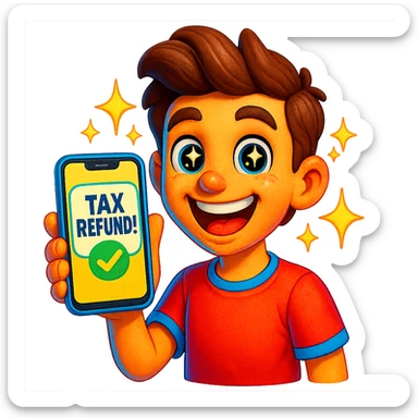 cheerful cartoon teenager holding a phone with 'Tax Refund!' notification, sparkling eyes, pop art colors, 3D emoji style, transparent background sticker