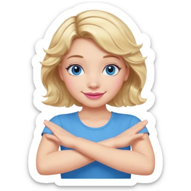 Girl Blonde short wavy hair,  blue eyes, cute blue top, long lashes, pink lips, smiling, making cross arms X with arms  sticker