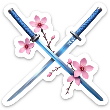 Blue katana with multiple sakura flowers behind it And Sakura leaves and branch added sticker