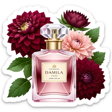 Aesthetic crystal perfume bottle in Pastel Rose with a subtle shimmer, placed next to a lavish bouquet of Crimson and Wine Red Dahlias, creating a harmonious and passionate composition. sticker